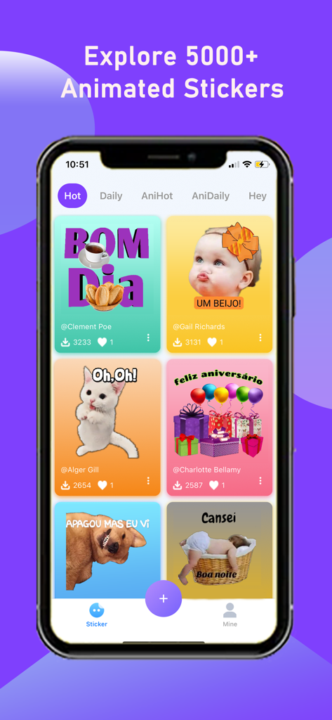 Text Stickers - Sticker Maker - Écran d'iPhone affichant une galerie d'autocollants textuels animés présentant des animaux amusants, des bébés et des salutations