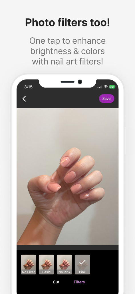 NailPick – AI for Nail Art - Mobile app interface showing color filters being applied to enhance a nail art photo