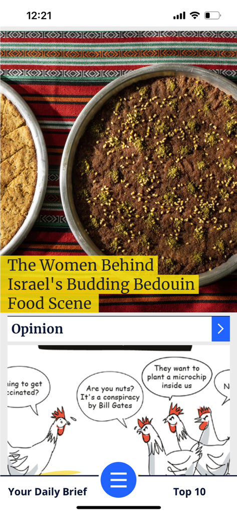 Haaretz app screen showing a feature article on Bedouin food and an opinion section with a political cartoon