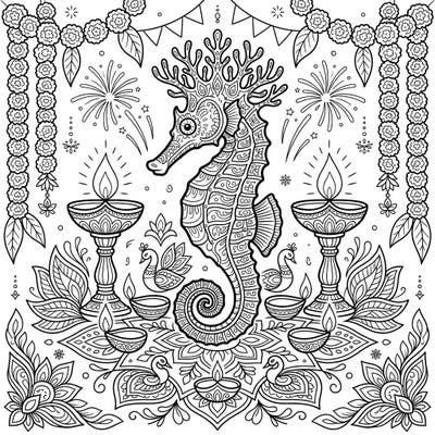 Discover the magic of Diwali intertwined with the unique beauty of a Barbour's Seahorse in this captivating coloring page. This design beautifully combines intricate festive motifs with an elegant marine creature, offering a truly unique artistic experience.