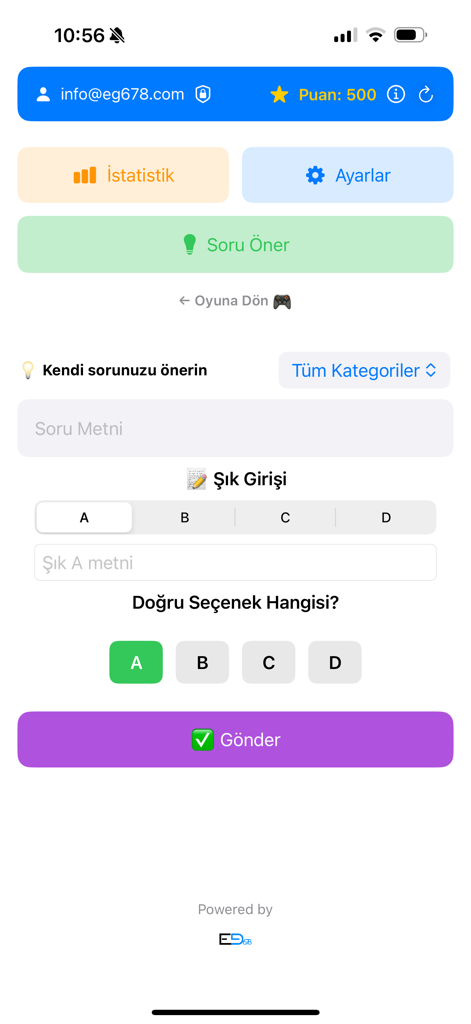 Milyoner App - Milyoner App interface for users to suggest and submit their own trivia questions