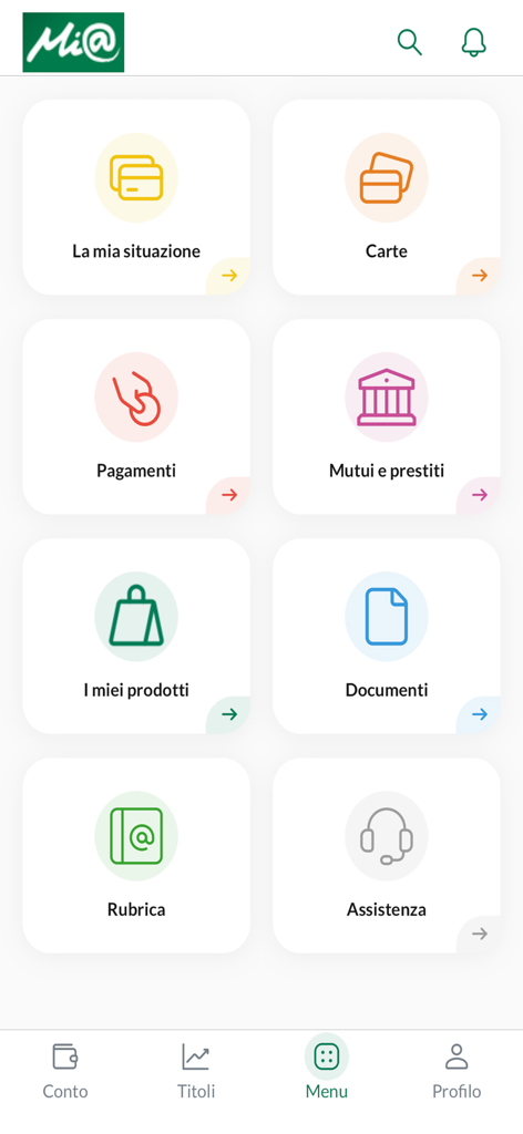 Interface of the Mi@ banking app menu showing service icons for payments, cards, and loans
