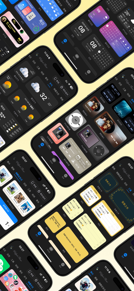 Una visualizzazione di vari widget estetici per iPhone, inclusi layout per musica, meteo e calendario.