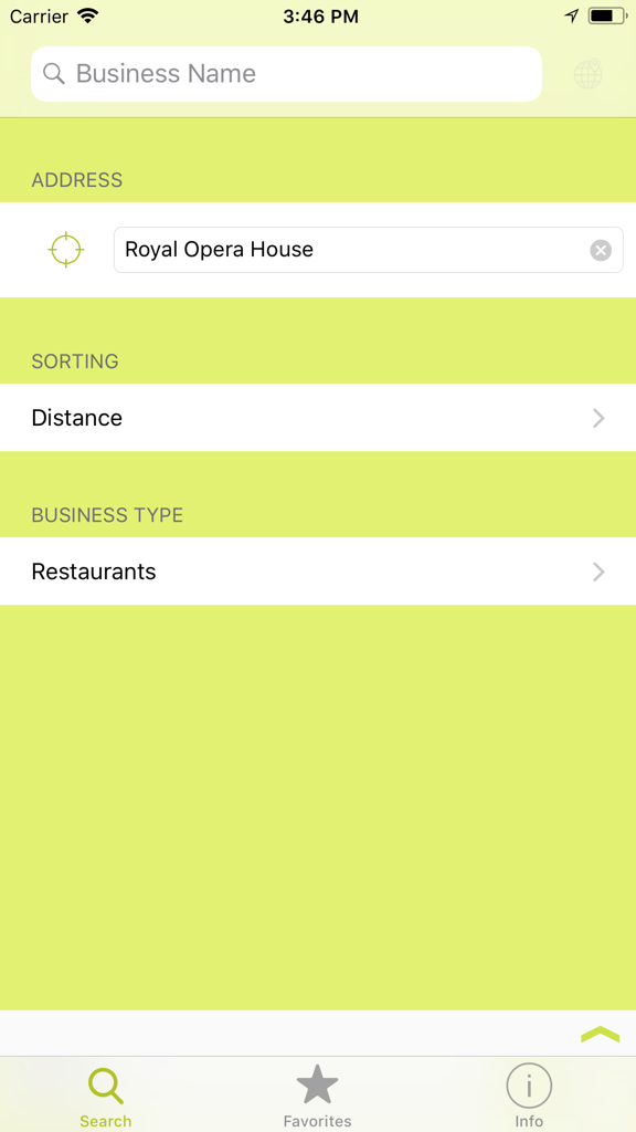 Search interface of the Food Hygiene app showing filters for business name, location, distance, and restaurant type