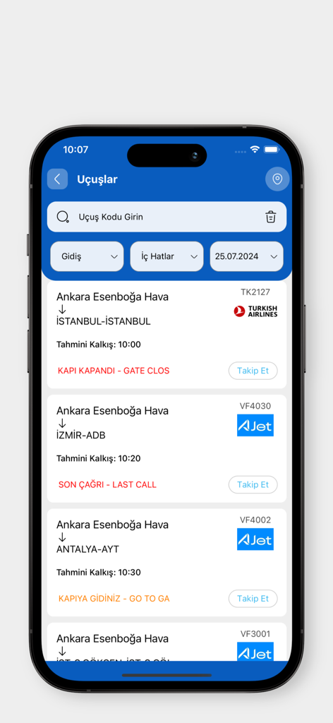 DHMİ Uçuş Rehberim - Mobile app interface of DHMI Flight Guide showing a list of departing flights from Ankara with real-time status updates like Gate Closed and Last Call