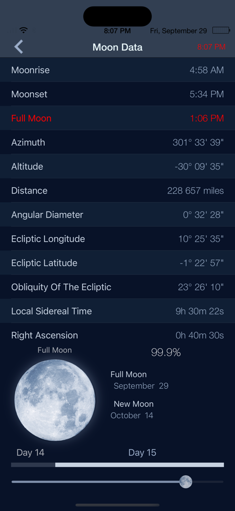 Detailed moon data screen with technical specifications and full moon illustration