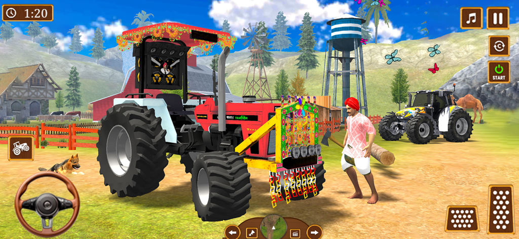 US Tractor Farming Game 2024 - A decorated tractor and a farmer character in a 3D rural simulation environment