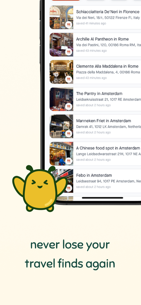 Interfaz de la aplicación mio que muestra una lista de lugares de viaje guardados de redes sociales con una linda mascota amarilla.