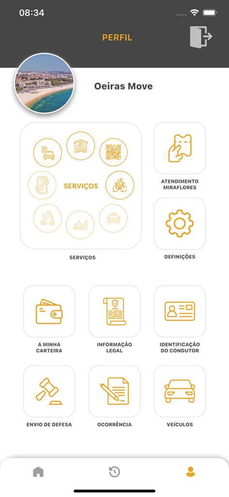 Oeiras Move - User profile screen of the Oeiras Move app featuring icons for mobility services like parking and bike sharing