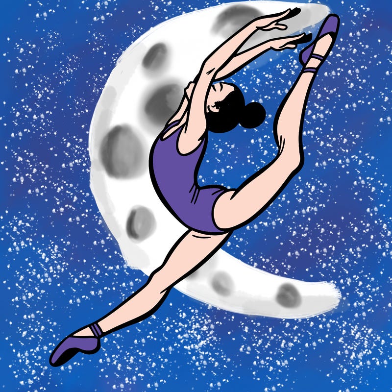 gymnast doing a leap in a leotard with a bent back leg