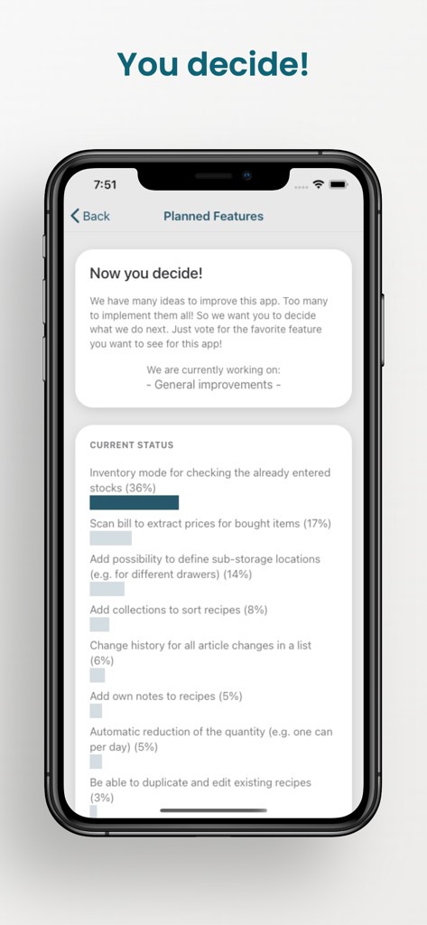 Pantrist - Shopping & Pantry - Voting screen in the Pantrist app where users choose and prioritize upcoming features