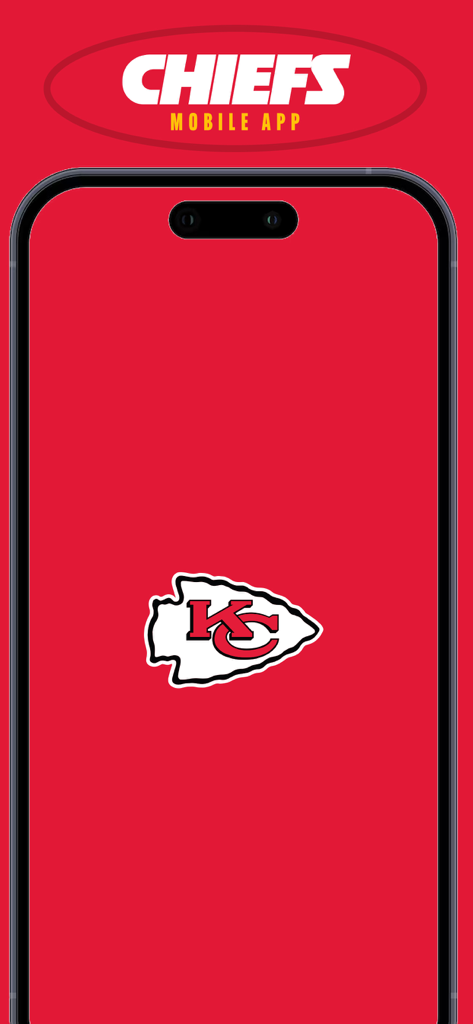 Pantalla de inicio de la aplicación móvil de los Kansas City Chiefs con el logo del equipo sobre un fondo rojo