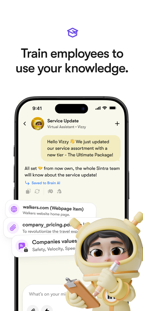 Sintra: AI Employees - Interface of Sintra app showing how to train AI employees by adding business documents and website links to the Brain AI knowledge base.