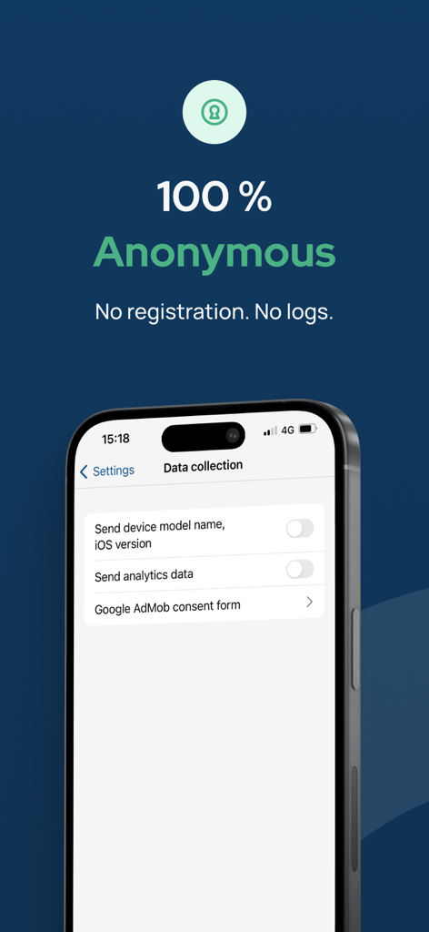 Octohide VPN interface highlighting 100 percent anonymity and data collection privacy controls