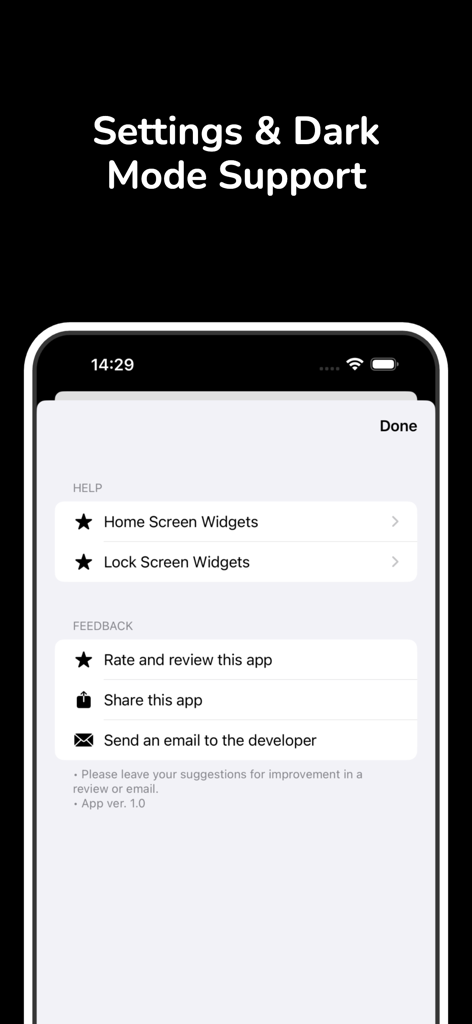 One Text Widget - Pantalla de configuración de la aplicación One Text Widget que muestra opciones de ayuda y comentarios con soporte de modo oscuro.
