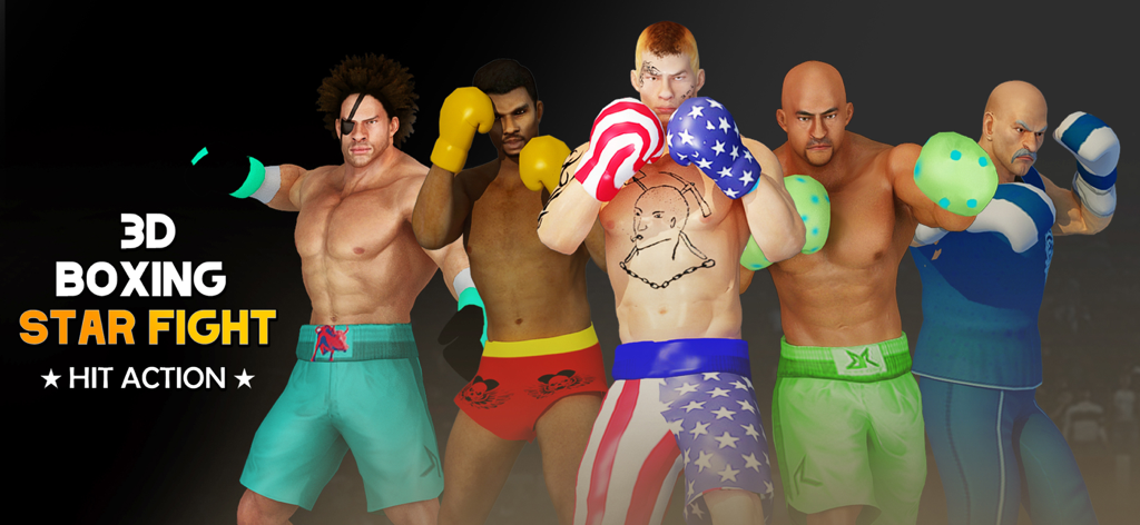 Una alineación de cinco diversos personajes de boxeo 3D del juego móvil Glove Clash con varios equipos y tatuajes personalizables