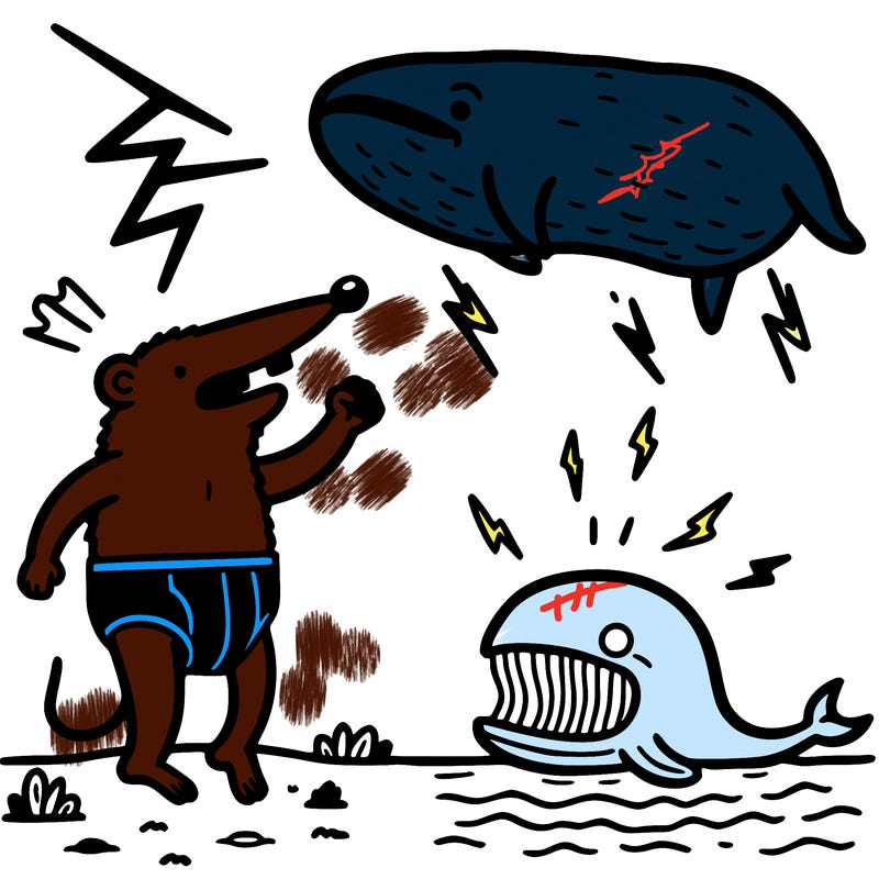 a flying mole wearing panties, who gets struck by lightning. on the ground, a walking whale is laughing at the mole.