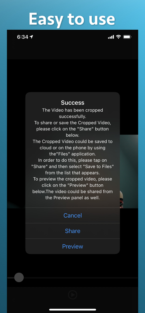 Video Cropper Premium - Success message in Video Cropper Premium app with buttons to share or preview the cropped video