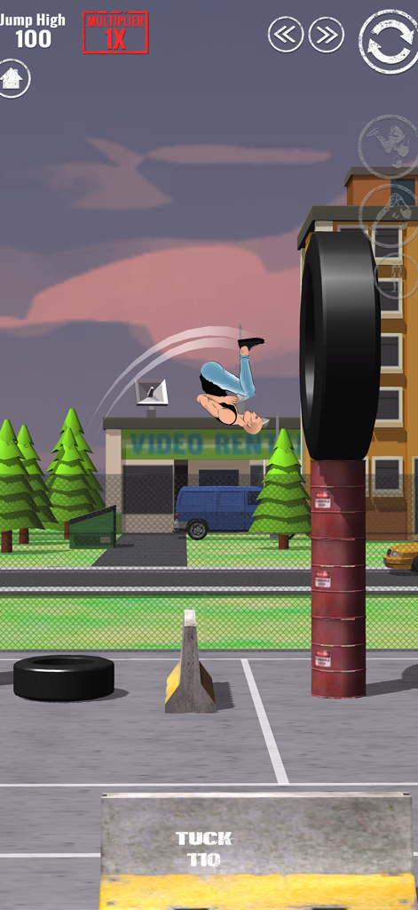 SWAGFLIP Parkour Origins - Um personagem de parkour realizando um salto mortal agrupado em um ambiente urbano.