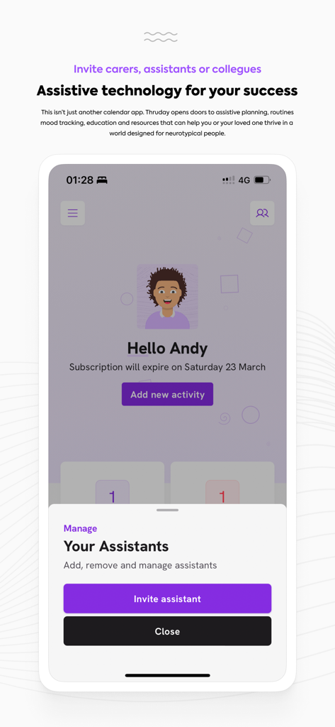 Thruday mobile app interface showing the assistant management screen and invite button for support carers