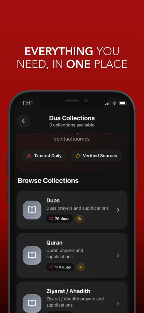 Rawda - Shia Spiritual Audio - Screenshot of the Rawda app Dua Collections screen showing categories for Duas, Quran, and Ziyarat.