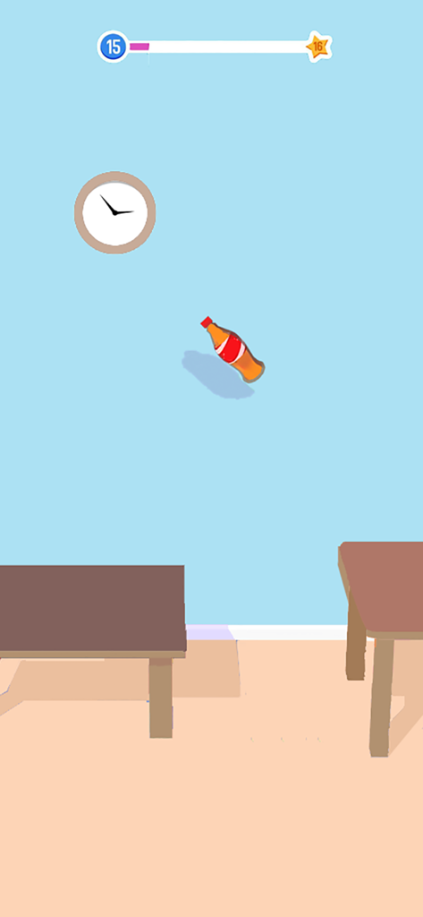 An orange soda bottle mid-flip between two tables in a minimalist room with a blue wall and clock.