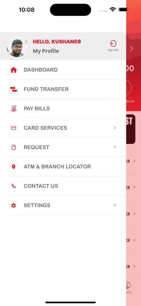 Seitenmenü der mobilen App der Pan Asia Bank mit Optionen für Geldüberweisung, Rechnungszahlung und Kontoeinstellungen