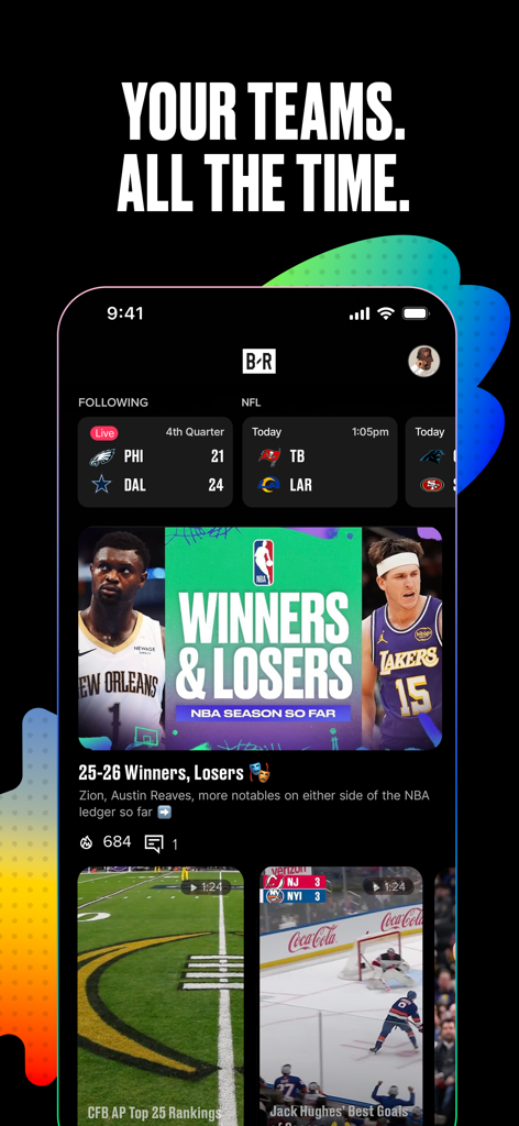 Bleacher Report app home screen showing live NFL scores and trending NBA basketball news.