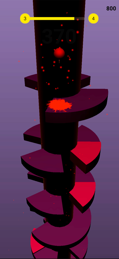 A red ball bouncing on a dark spiral tower with purple and red platforms in a mobile arcade game