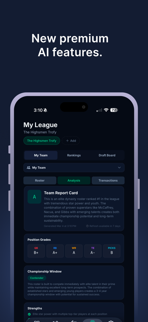 Dynasty Scout app interface displaying an AI-generated team report card and position grades for a fantasy football league.