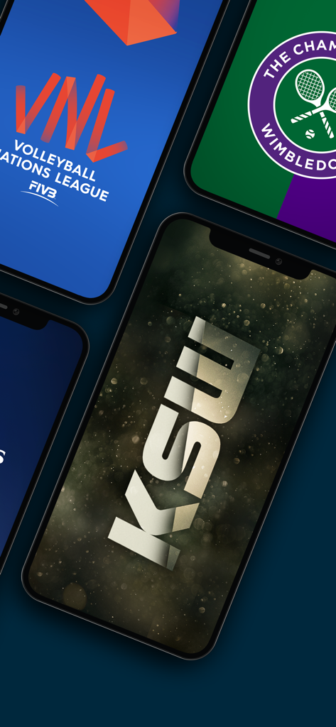 Polsat Sport app screens featuring KSW MMA Wimbledon and Volleyball Nations League