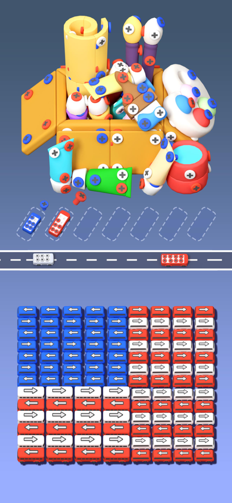 Screw Parking - Escape games - Gameplay screenshot of Screw Parking showing a car puzzle in the shape of the US flag and colorful screw mechanics.