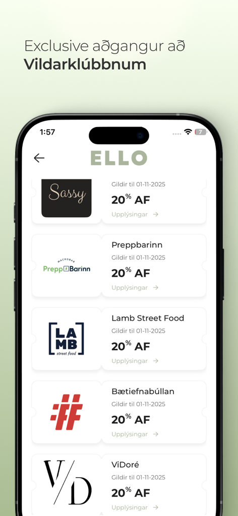ELLO: Community and Wellness - ELLO app loyalty club screen showing exclusive 20 percent discount coupons for various brands