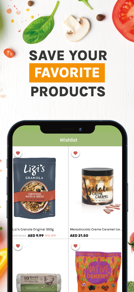 QualityFood: Grocery Delivery - QualityFood mobile app screenshot showing a wishlist screen with premium grocery items like granola and organic acai.