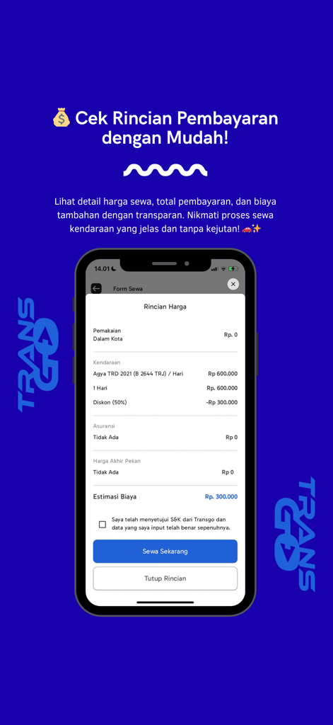 Transgo - Rental Mobil & Motor - Transparent payment breakdown and price summary for a car rental in Indonesia on the Transgo app.