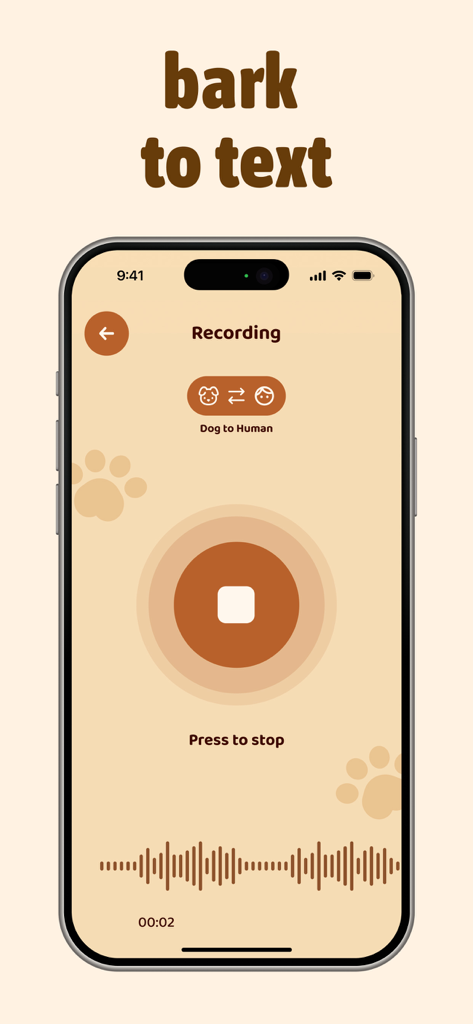 Dog Translator+‎ - Dog Translatorアプリのモバイルインターフェース。音声波形と犬から人間への翻訳トグルを備えた、鳴き声からテキストへの録音画面を表示します。