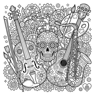 Explore a mesmerizing fusion of Steampunk mechanics, vibrant Day of the Dead imagery, and the elegance of Music & Arts. This intricate coloring page invites you to bring a world of gears, sugar skulls, and instruments to life with your unique palette.