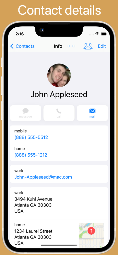 ContactsPro HX - Vue détaillée des contacts dans l'application ContactsPro HX affichant les numéros de téléphone portable et fixe, l'adresse e-mail et l'adresse postale avec carte.