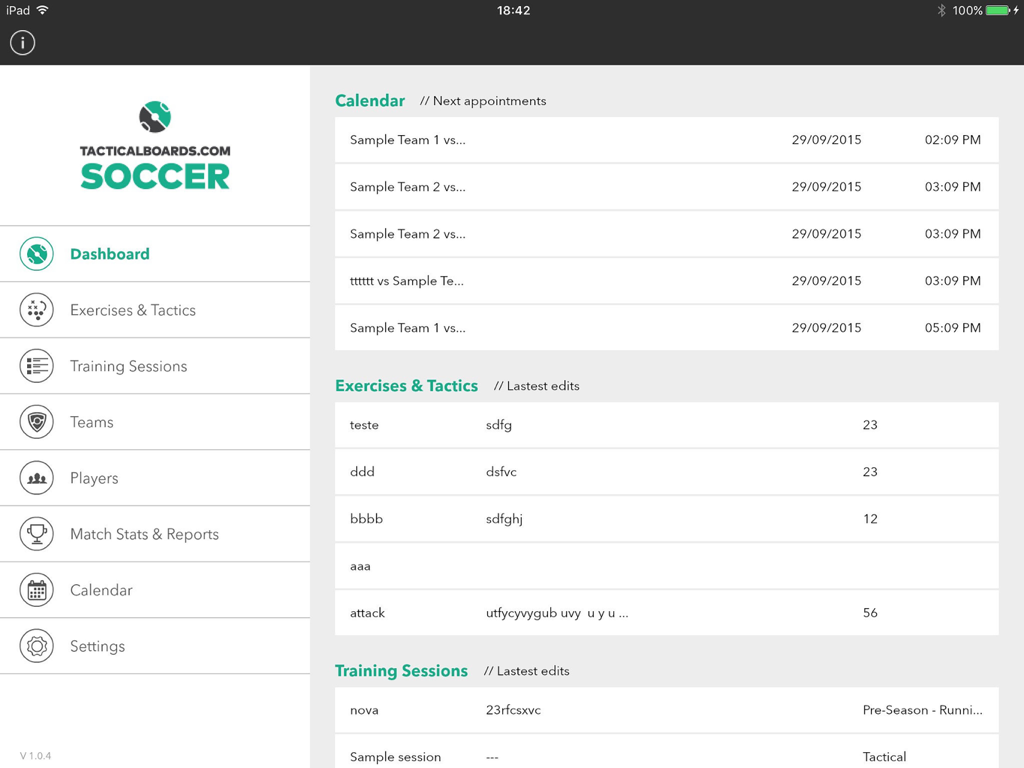 TacticalBoards:Soccer - Dashboard of the TacticalBoards Soccer app on iPad showing calendar events and tactical exercises