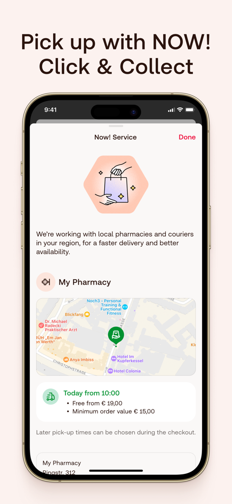 Shop Apotheke - Redcare - Shop Apotheke app showing Click and Collect service with a map of local pharmacies and pickup availability times