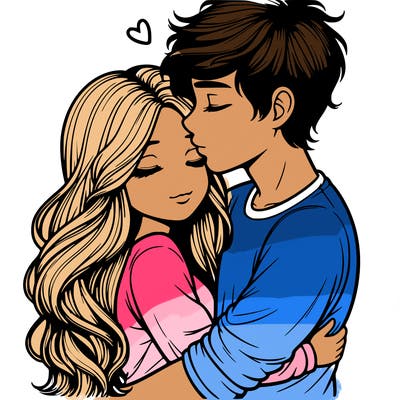 a realistic couple boy and girl hugging and kissing