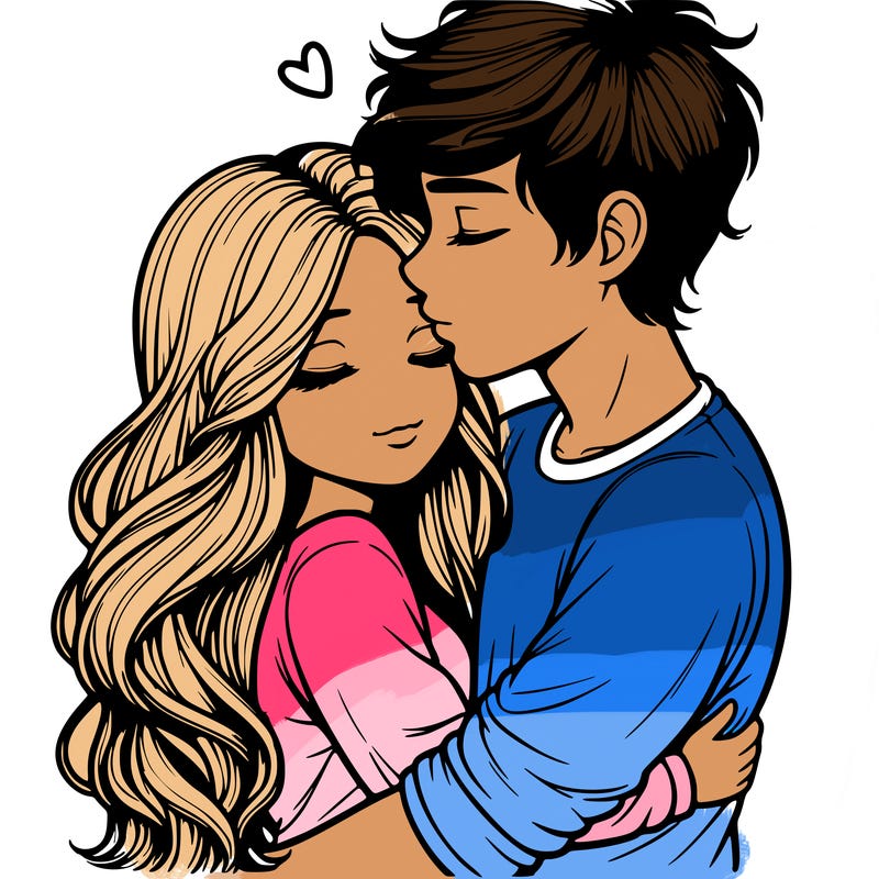 a realistic couple boy and girl hugging and kissing