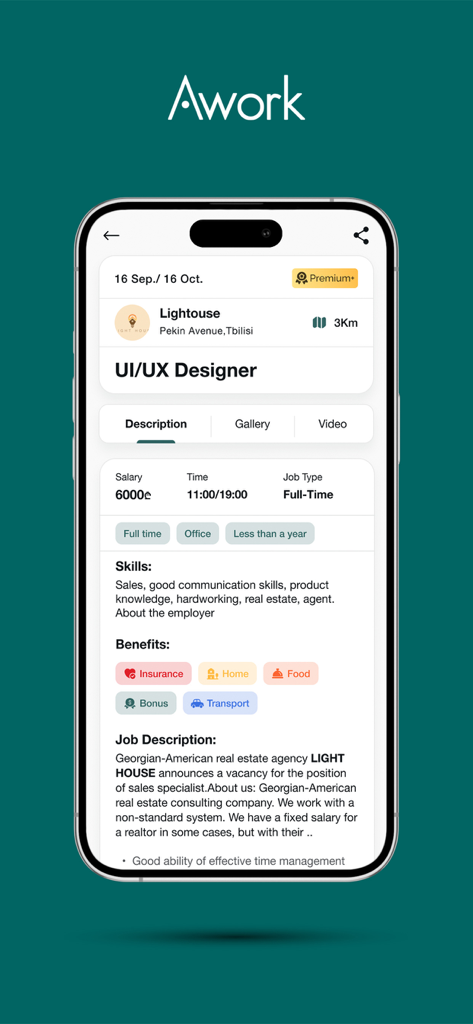 A job description screen for a UI/UX Designer role in the Awork mobile app showing salary benefits and skills.