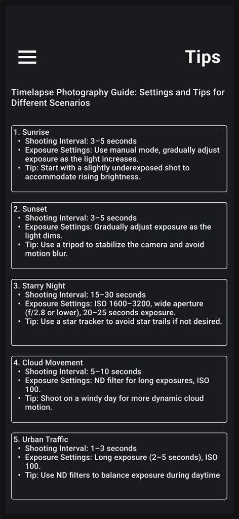 Ein Leitbildschirm mit empfohlenen Aufnahmeintervallen und Belichtungseinstellungen für Sonnenaufgang, Sonnenuntergang, Sternenhimmel, Wolkenbewegung und Stadtverkehr.