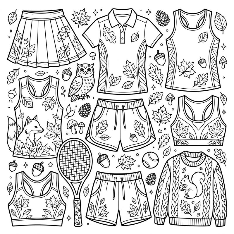 Embrace the crisp air and vibrant colors of fall with this unique coloring page featuring stylish tennis activewear. Discover a delightful blend of sports fashion and woodland charm, perfect for an autumn-themed creative escape.