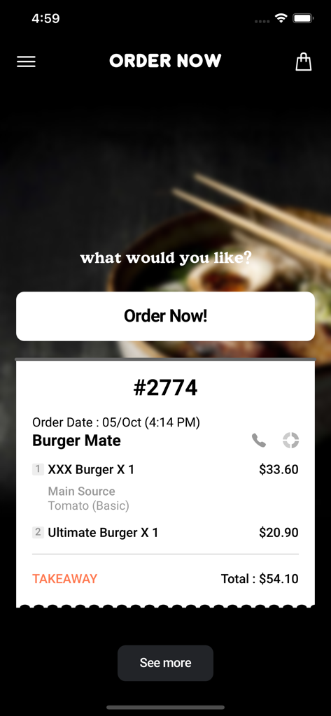 Order Now - Takeaway, Delivery - 지금 주문하기 앱에서 햄버거 포장 주문에 대한 주문 요약 화면