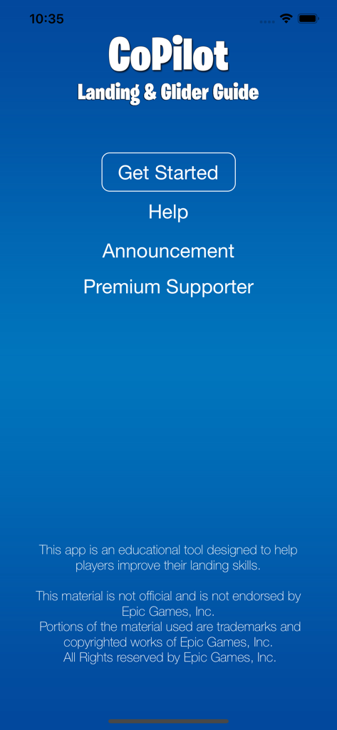 CoPilot - Landing Assistant - The home screen of the CoPilot Landing and Glider Guide app showing the main menu options