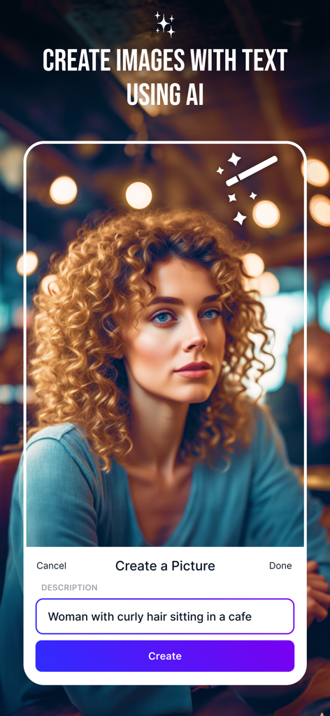 Magic Studio - AI Photo Editor - Interfaccia dell'app Magic Studio che mostra la generazione di immagini AI di una donna in un caffè da un prompt di testo