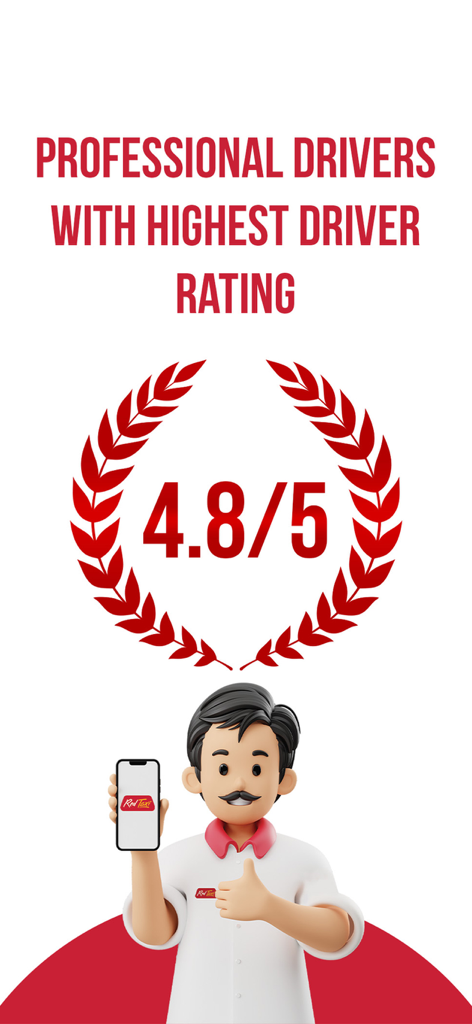 A professional Red Taxi driver character holding a smartphone next to a 4.8 out of 5 rating badge