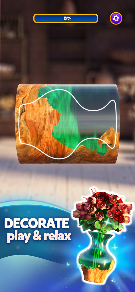 Mobile game screenshot showing wood and resin vase carving with the text decorate play and relax and a finished floral vase